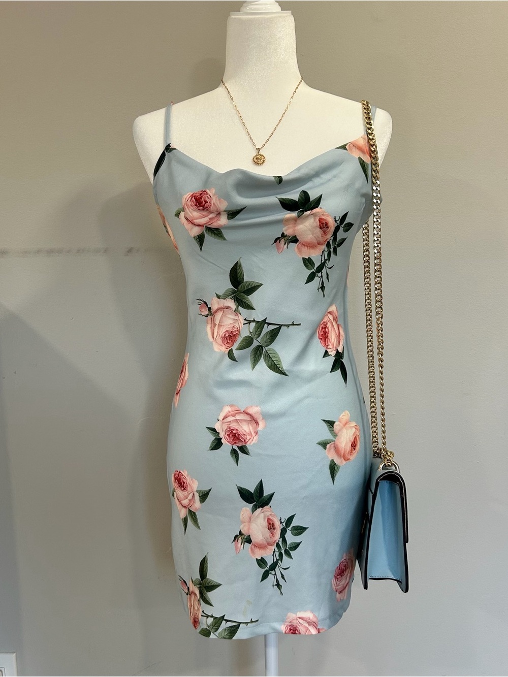Missguided Light Blue Slip Mini Dress with Pink Rose Print